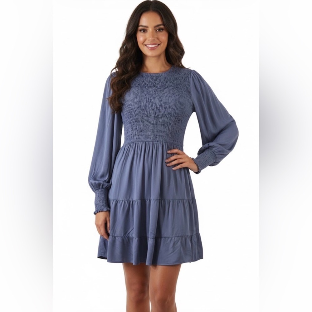 Mystic chic Indigo Merokeety Smocked Mini long-sleeve Rayon flowy Dress Sz Small